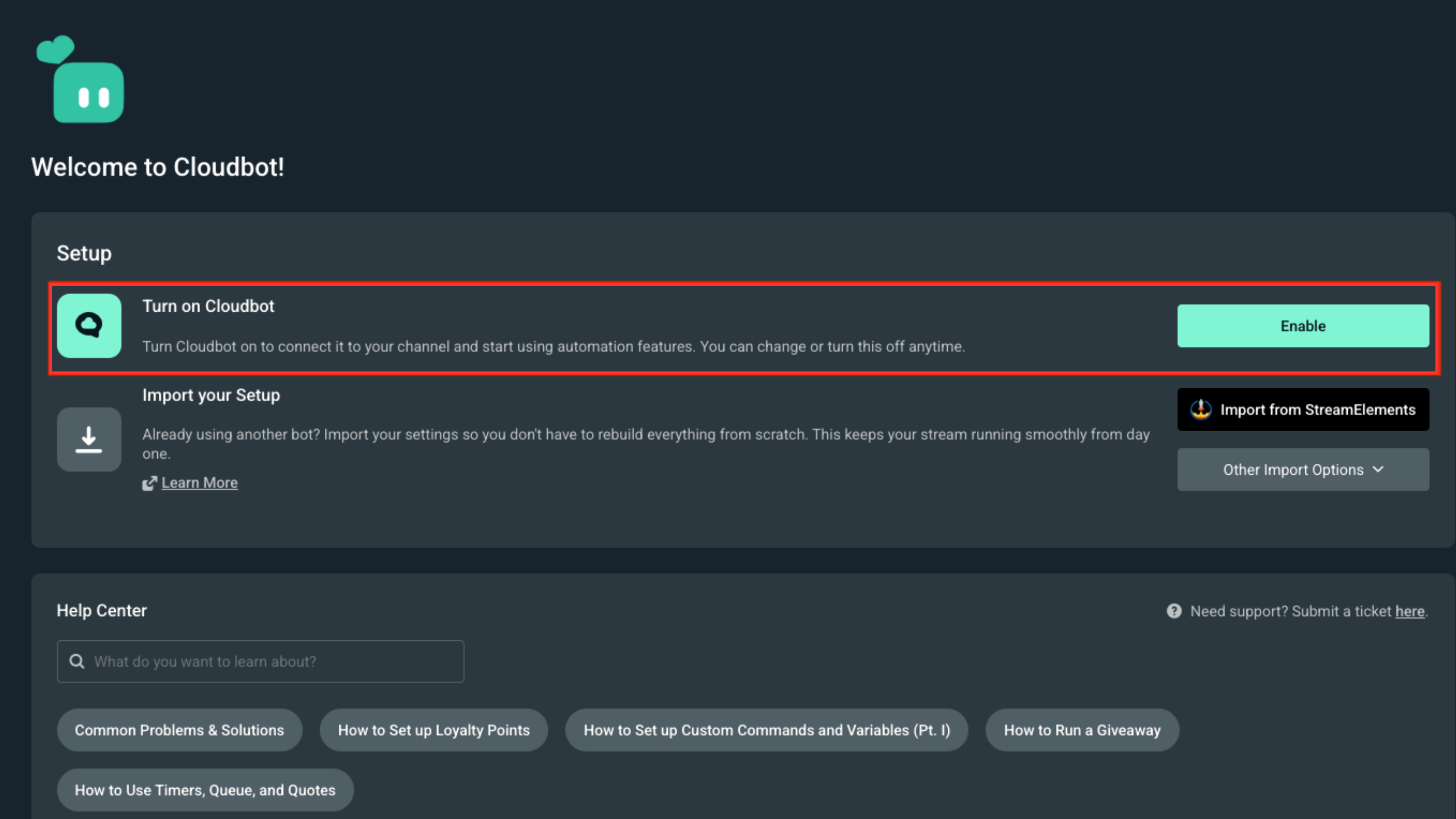 Cloudbot enable button on the main settings page